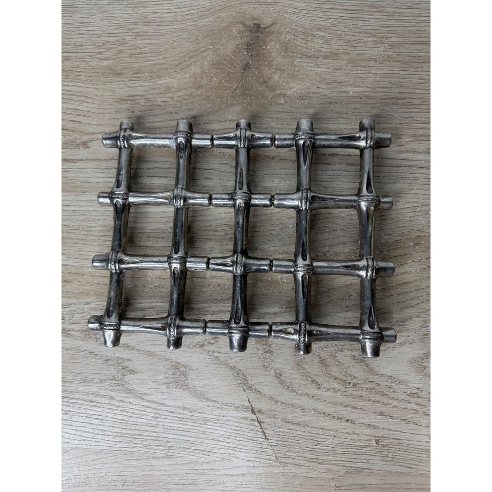 Leonard Silverplate Expanding Trivet Italy Vintage Faux Bamboo Adjustable Silver